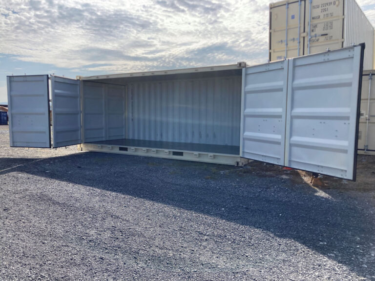 Open shipping container in a parking lot.
